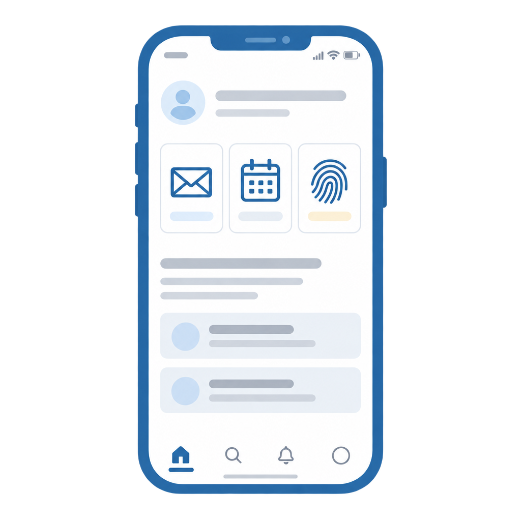 Schaubild: Eine App-Startseite mit Kacheln für Nachrichten, Termine und Anmeldung per Fingerabdruck
