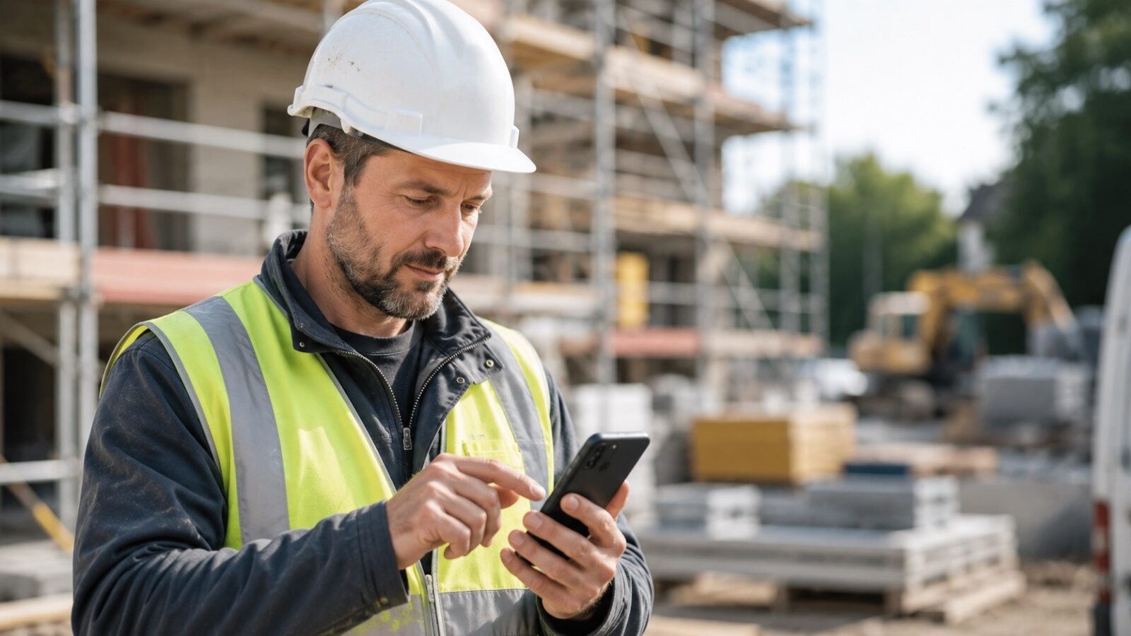 Bauarbeiter mit Helm und Warnweste bedient sein Smartphone; hinter ihm Gerüst und Bagger