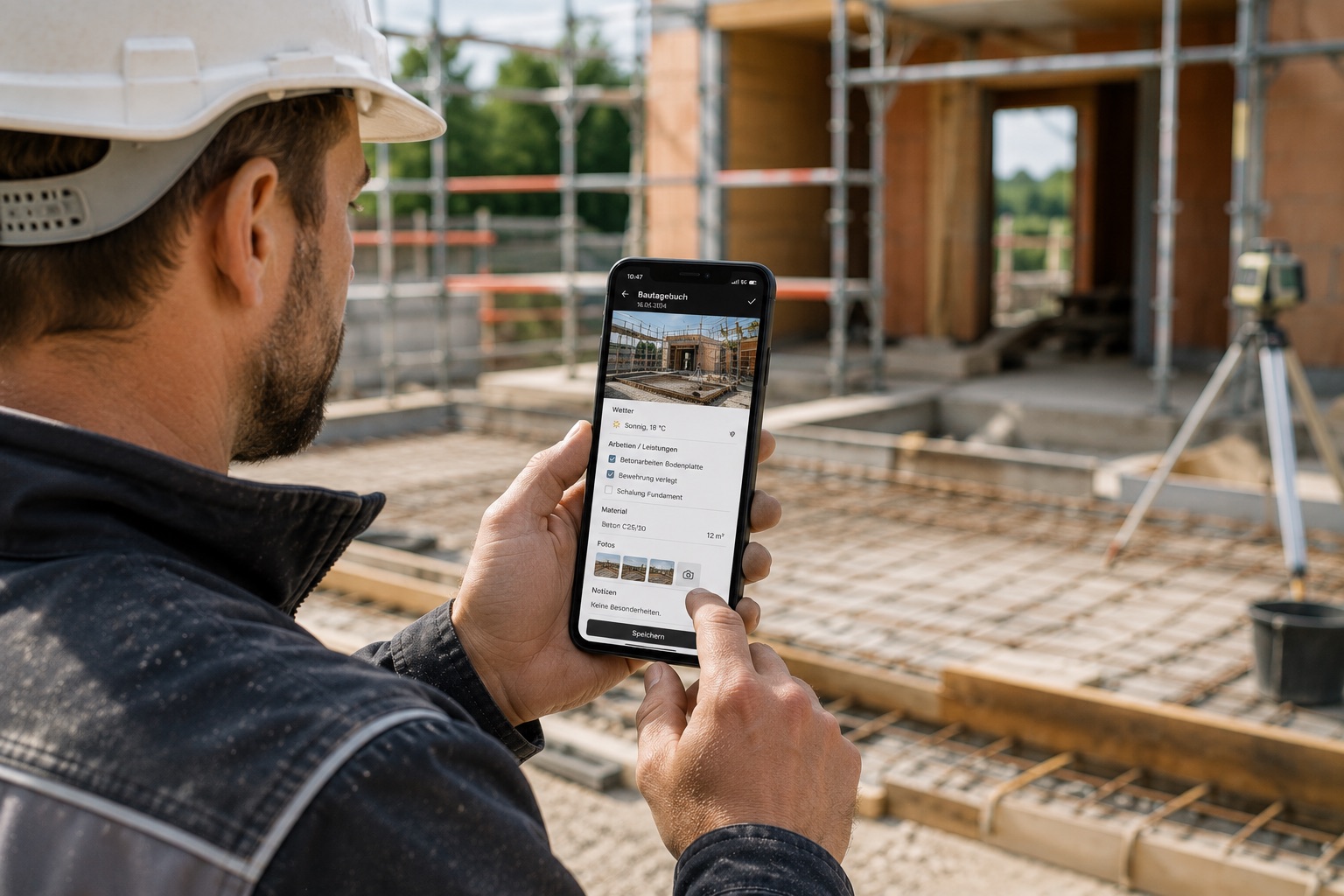 Bauarbeiter mit Helm hält ein Smartphone mit geöffnetem digitalen Bautagebuch; im Hintergrund eine Bodenplatte mit Bewehrung