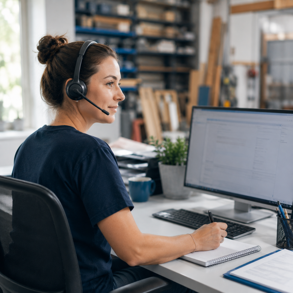 Frau mit Headset am Schreibtisch macht Notizen, vor ihr zwei Bildschirme, im Hintergrund eine Werkstatt