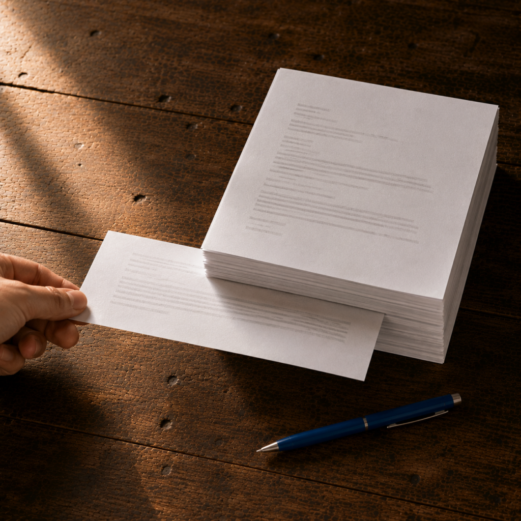 Hand zieht ein Blatt aus einem hohen Papierstapel