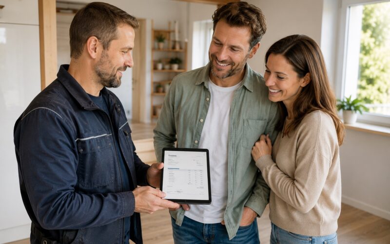 Handwerker zeigt einem Paar im Wohnzimmer eine Rechnung auf dem Tablet