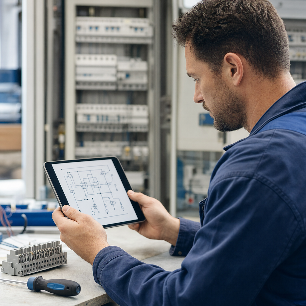 Elektriker mit Tablet vor einem geöffneten Schaltschrank, auf dem Tablet ein Schaltplan