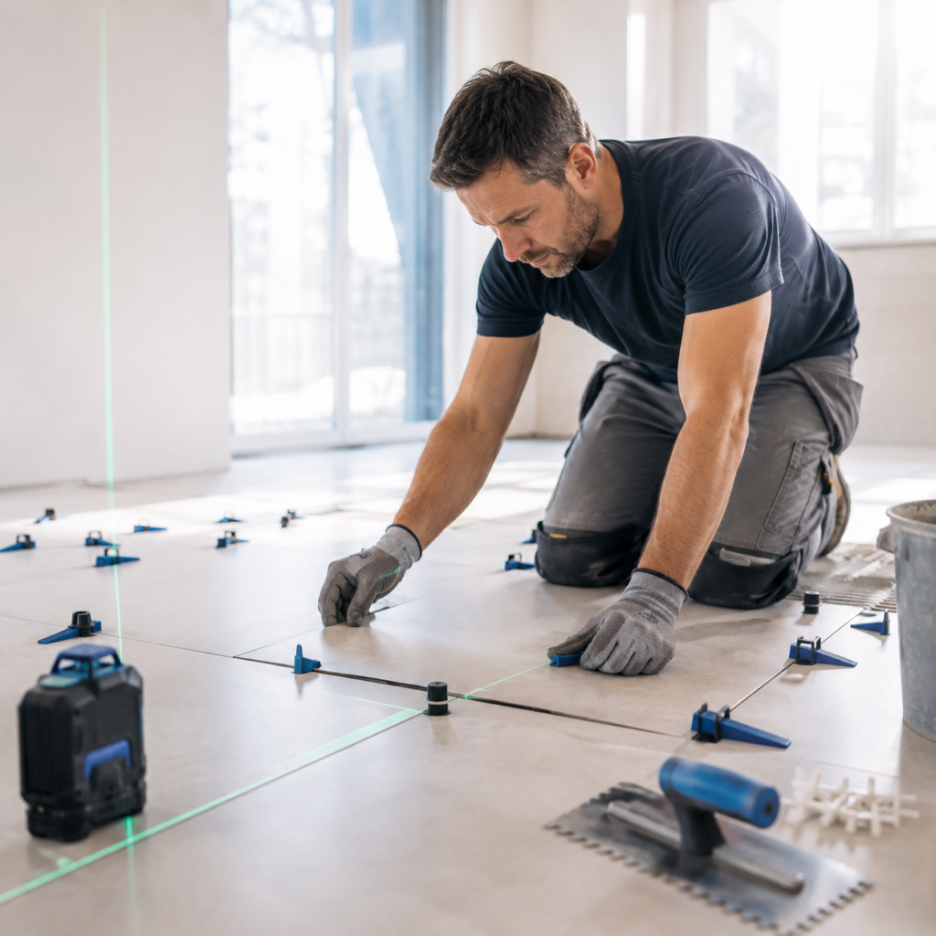 Fliesenleger verlegt kniend großformatige Fliesen und richtet sie mit Nivelliersystem und Linienlaser aus