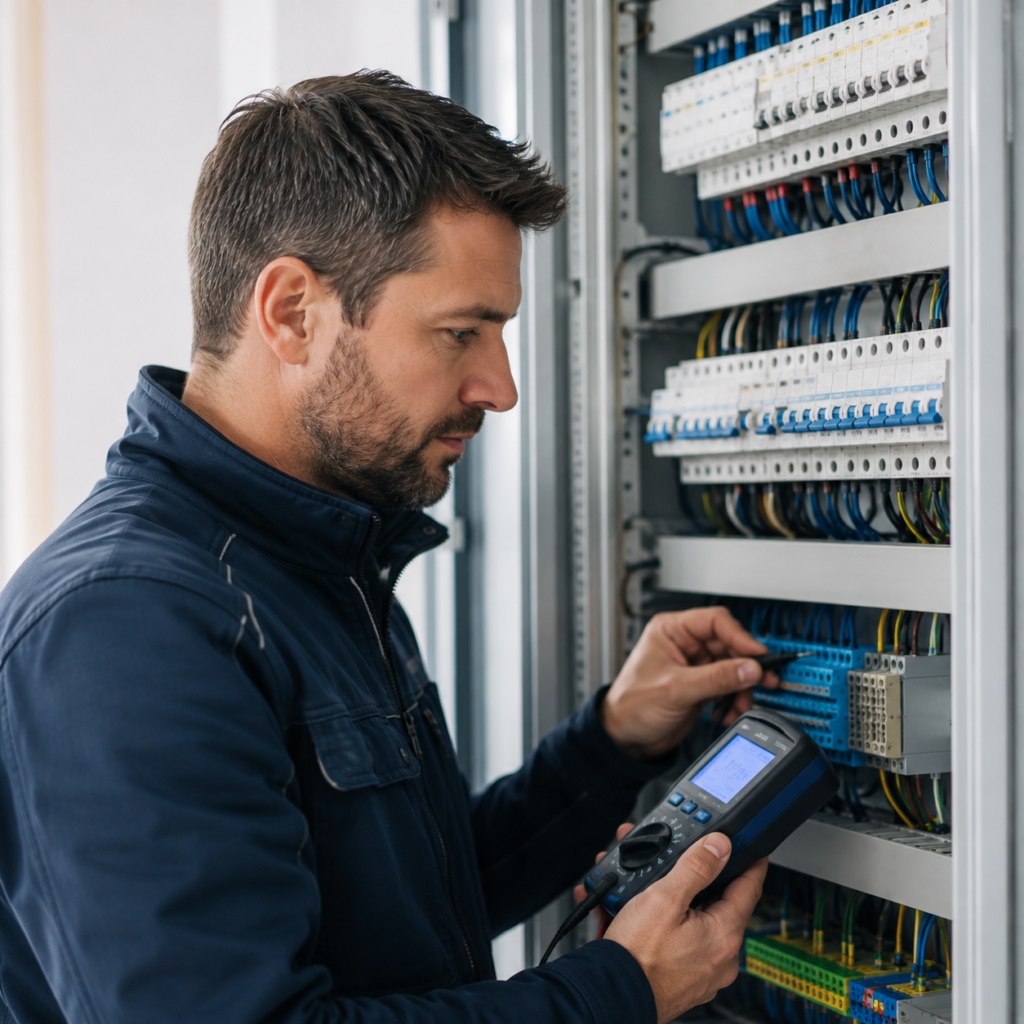 Elektriker misst mit einem Prüfgerät an einer geöffneten Verteilung mit Reihenklemmen