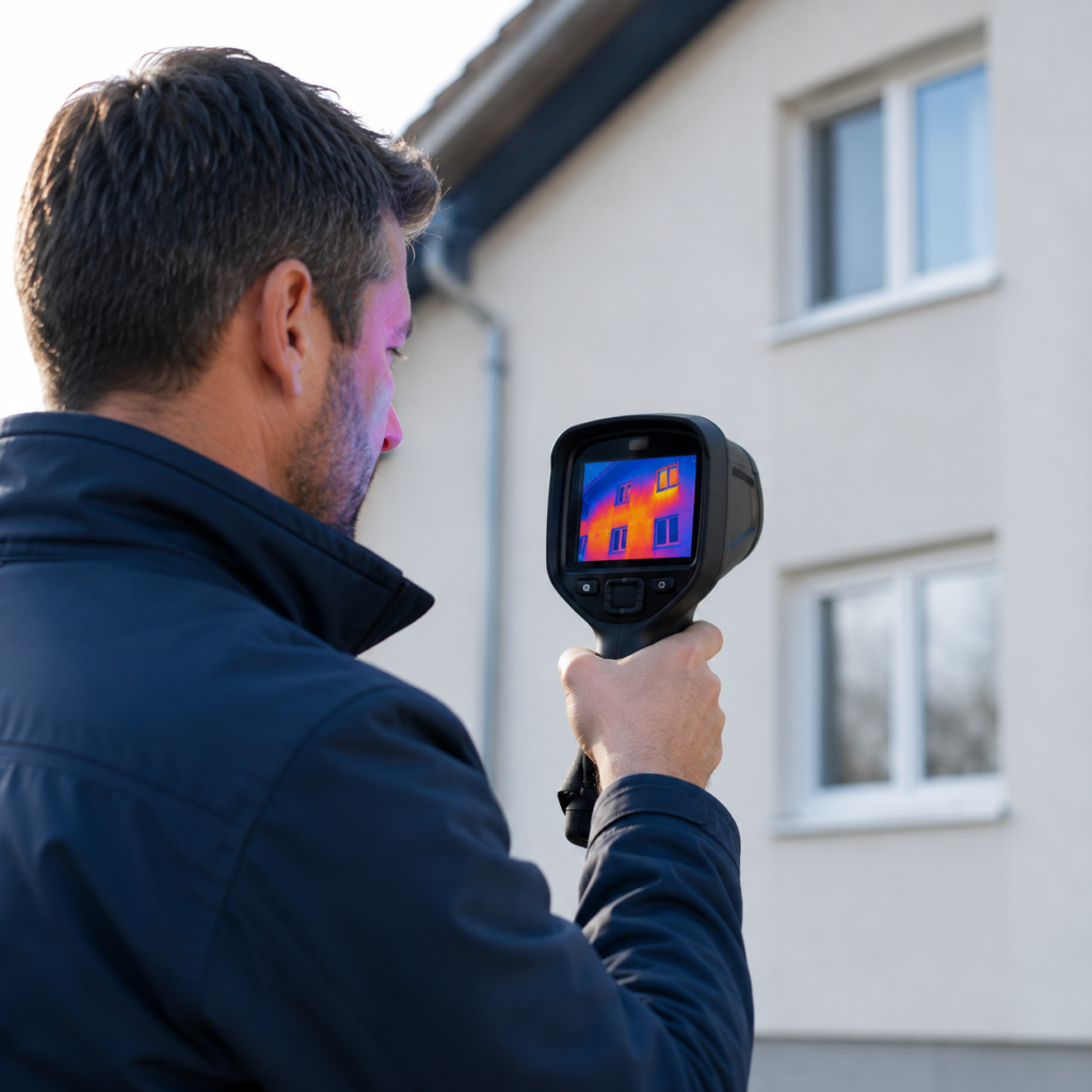 Energieberater richtet eine Wärmebildkamera auf eine Hausfassade, im Display die Temperaturverteilung