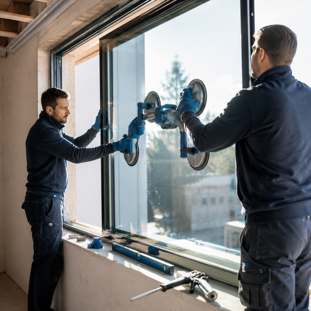 Zwei Monteure setzen mit Saugheber eine große Fensterscheibe in eine Öffnung ein