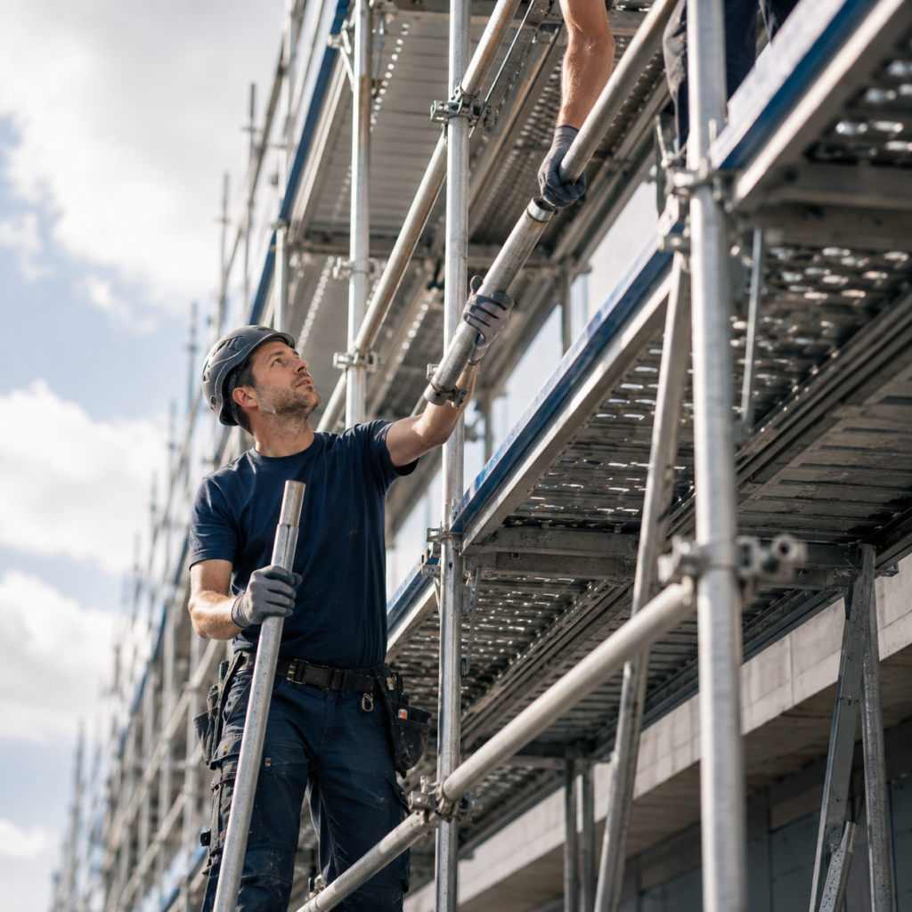 Gerüstbauer montiert mit Helm einen Gerüstrahmen an einer Fassade