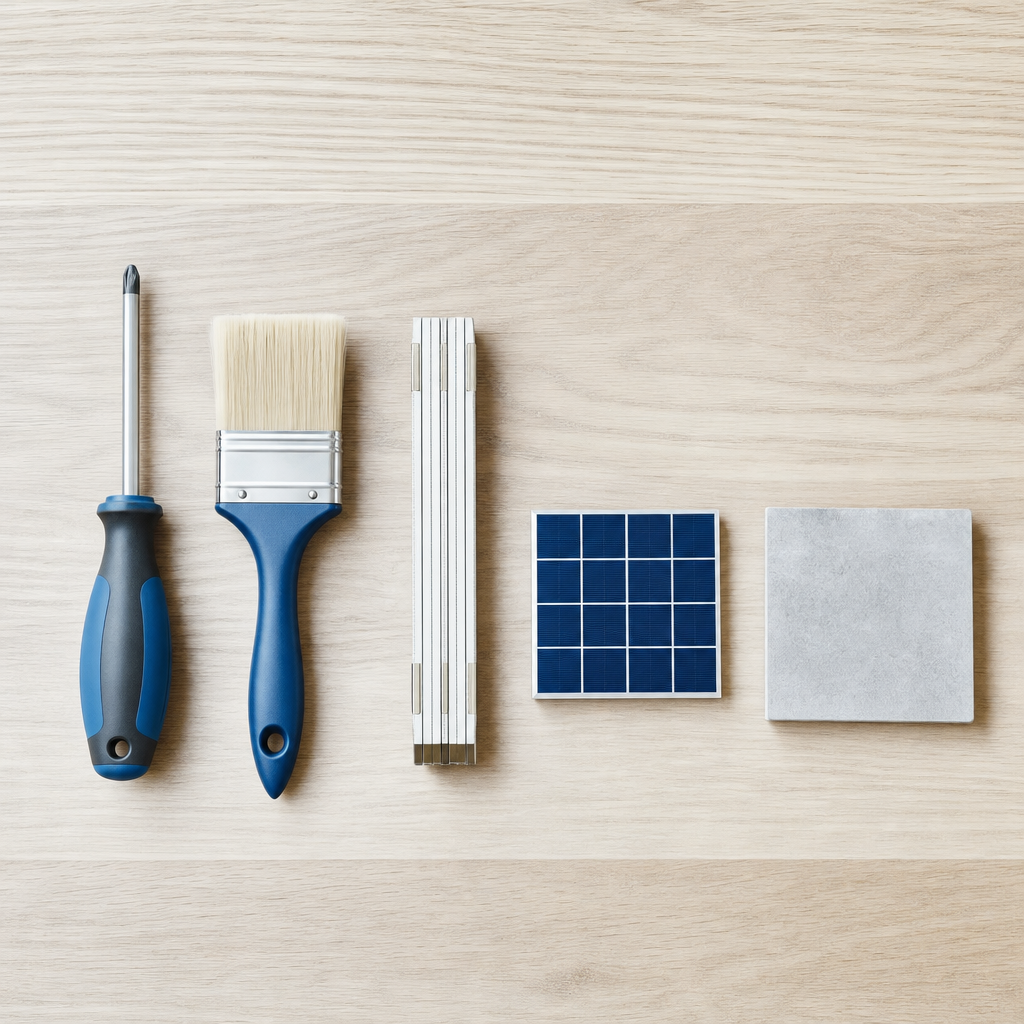 Werkzeug und Materialproben nebeneinander auf einer Holzplatte: Schraubendreher, Pinsel, Zollstock, Solarmodul und Fliese