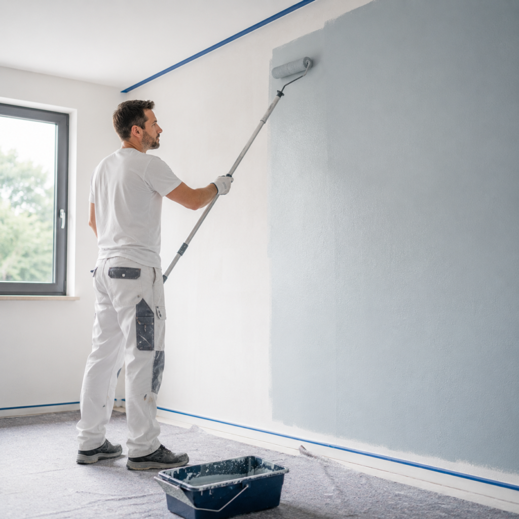 Maler streicht mit der Rolle am Teleskopstiel eine Wand, Kanten sind abgeklebt