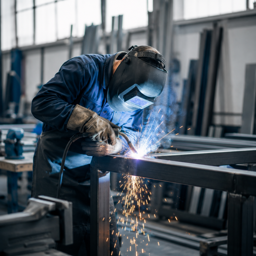 Metallbauer schweißt unter Schweißhelm an einem Stahlrahmen, Funken sprühen