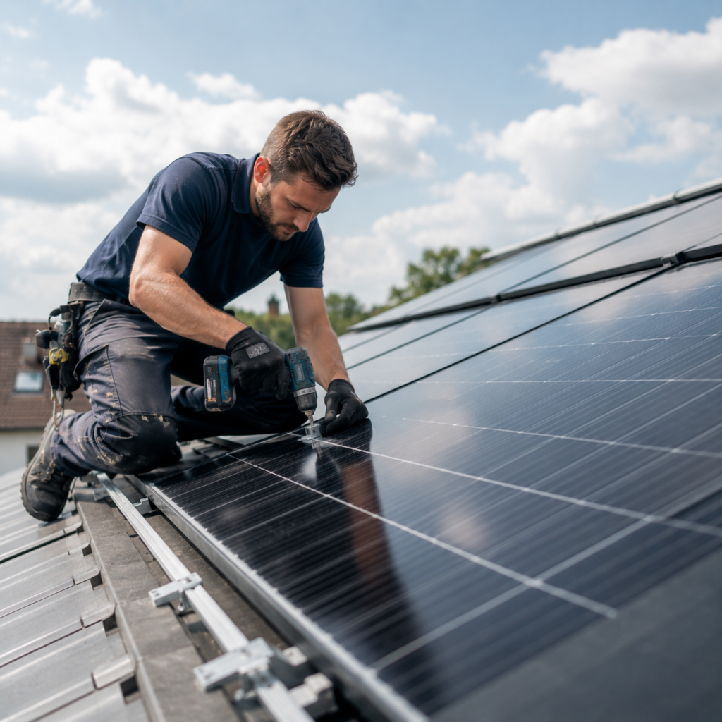 Solarteur montiert kniend ein Photovoltaikmodul auf einer Dachschiene