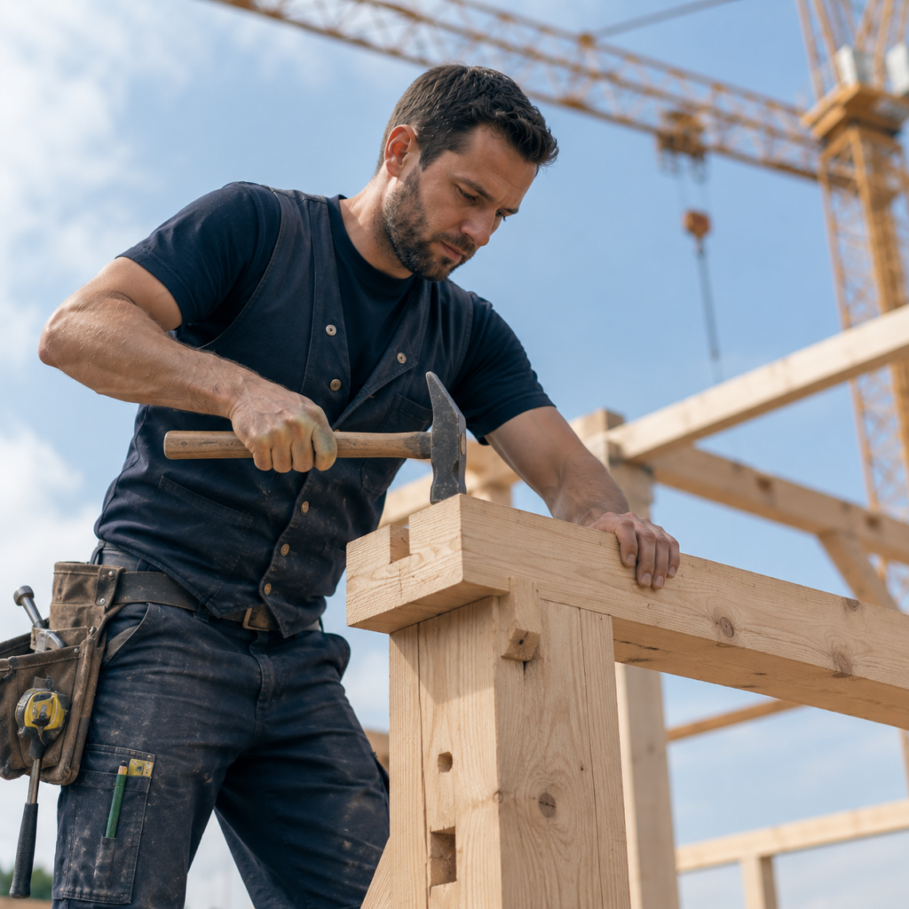 Zimmerer schlägt einen Holzverbinder in einen Balken, im Hintergrund ein Kran