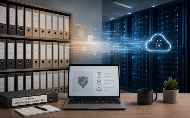 Regal voller Aktenordner neben einem Serverschrank, davor ein Laptop mit Schutzschild-Symbol; ein Ordner trägt die Aufschrift zehn Jahre revisionssicher archiviert