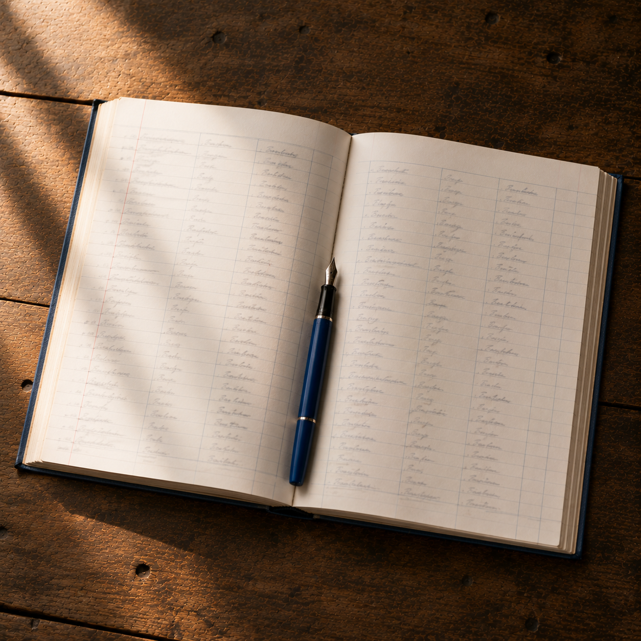 Aufgeschlagenes Journal mit vielen Eintraegen
