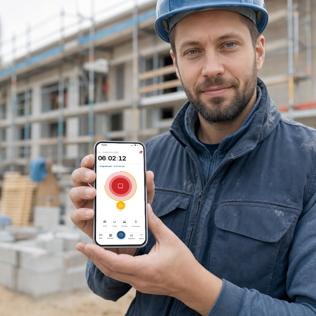 Handwerker mit Helm auf einer Baustelle hält ein Smartphone mit laufender Zeiterfassung in die Kamera