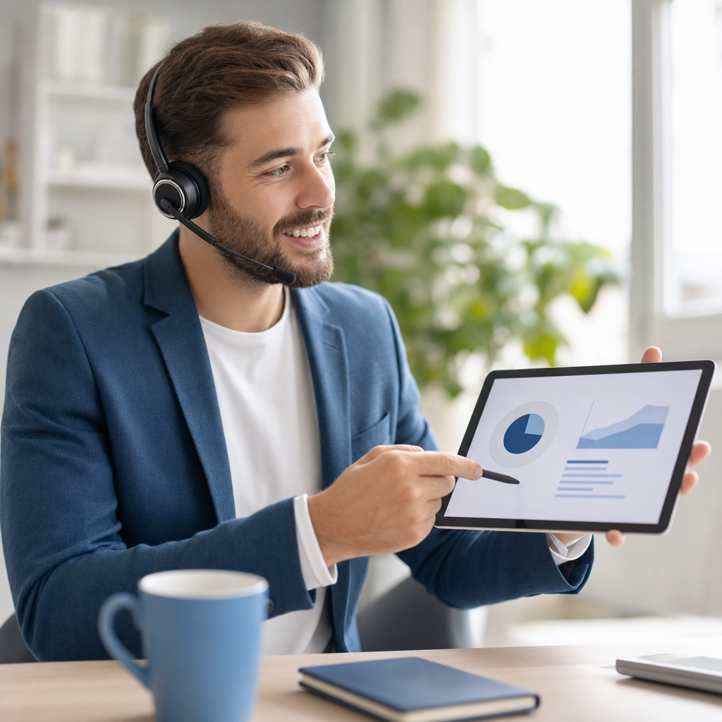 Mann mit Headset zeigt auf einem Tablet Diagramme