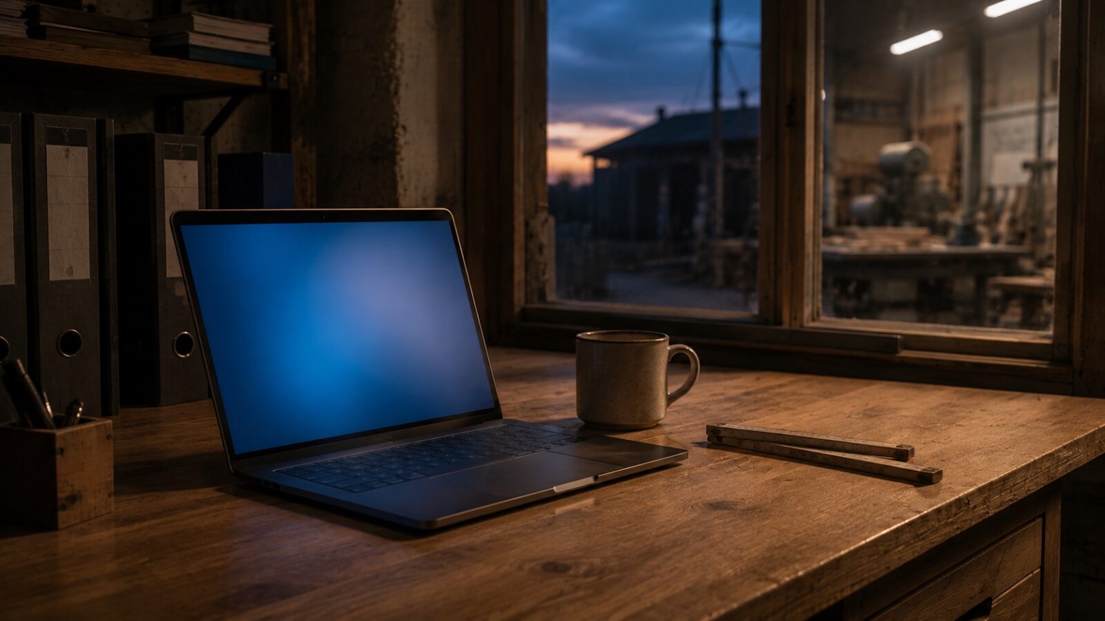 Aufgeklappter Laptop auf einer Werkbank am Fenster, dahinter eine Werkstatt in der Abenddämmerung