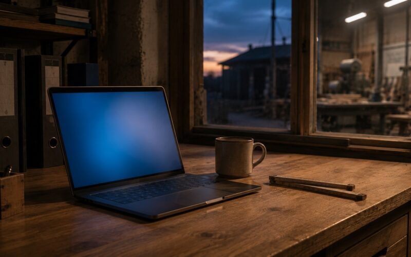 Aufgeklappter Laptop auf einer Werkbank am Fenster, dahinter eine Werkstatt in der Abenddämmerung