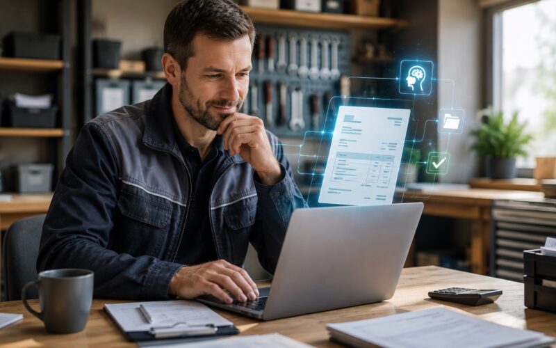 Handwerker am Laptop, daneben schweben ein Rechnungsbeleg und ein Symbol für künstliche Intelligenz