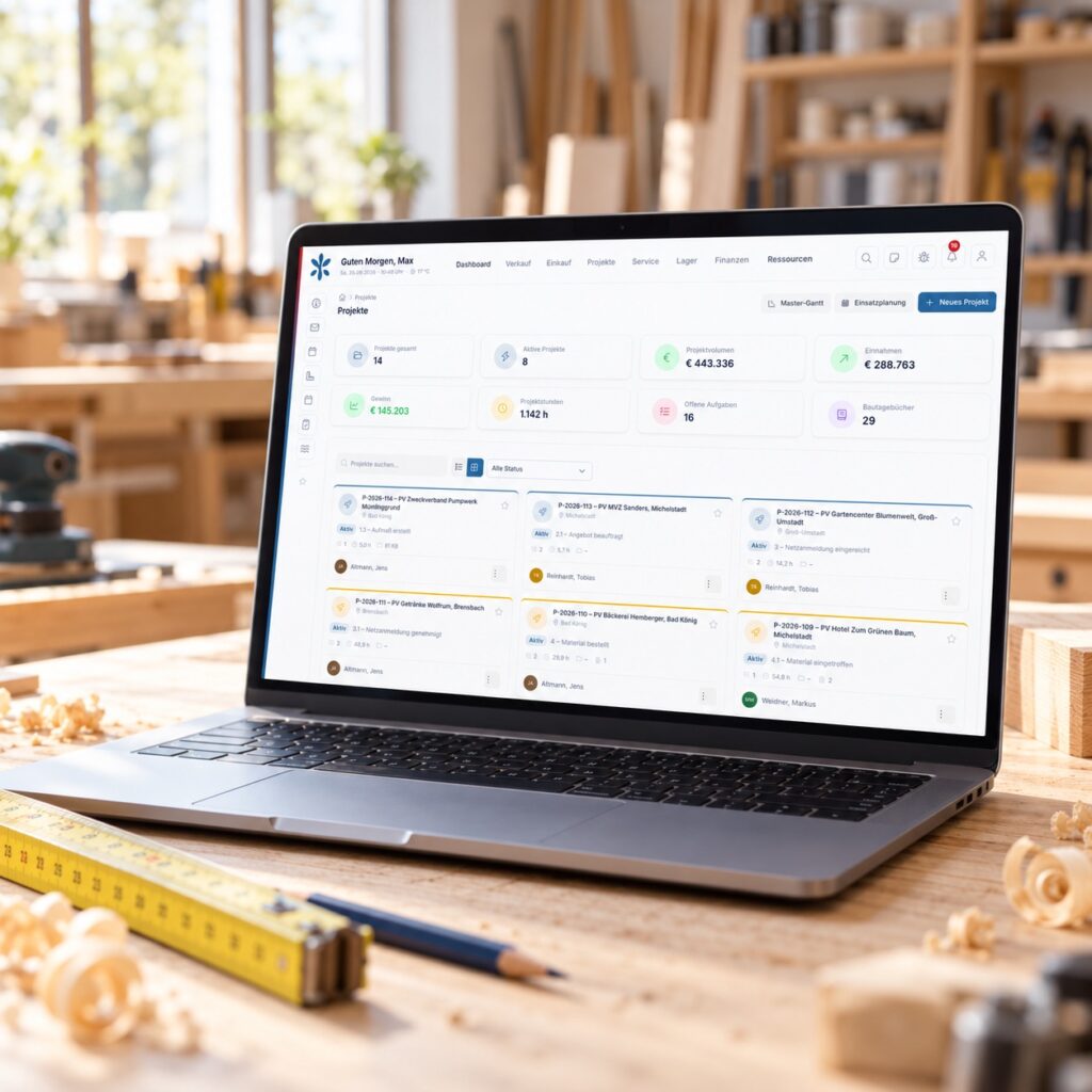 Notebook auf einer Werkbank in einer Tischlerwerkstatt, auf dem Bildschirm die WOODPLAN-Projektübersicht mit Kennzahlen und Projektkarten