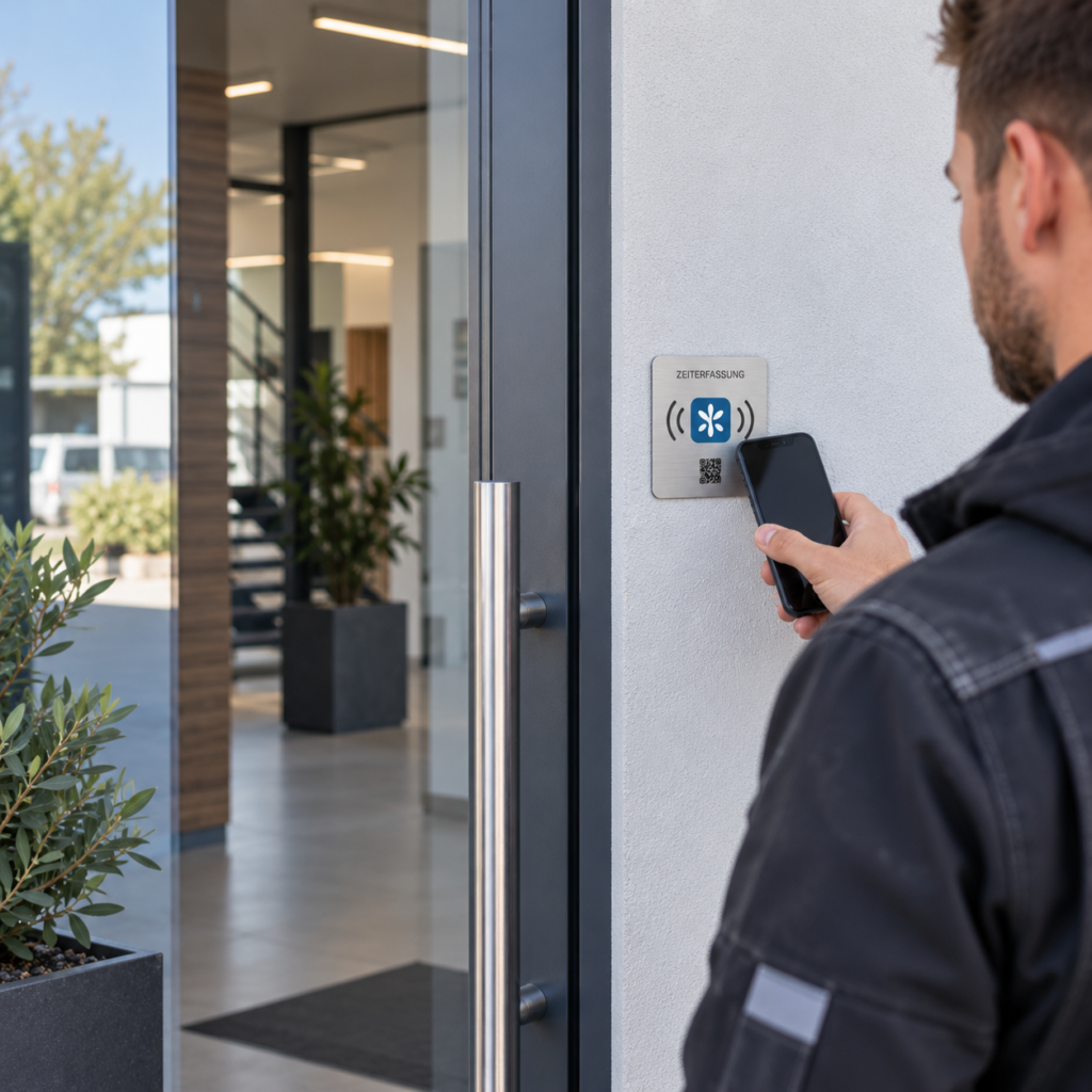 Mann hält sein Smartphone an einen Zeiterfassungsleser neben einer Eingangstür
