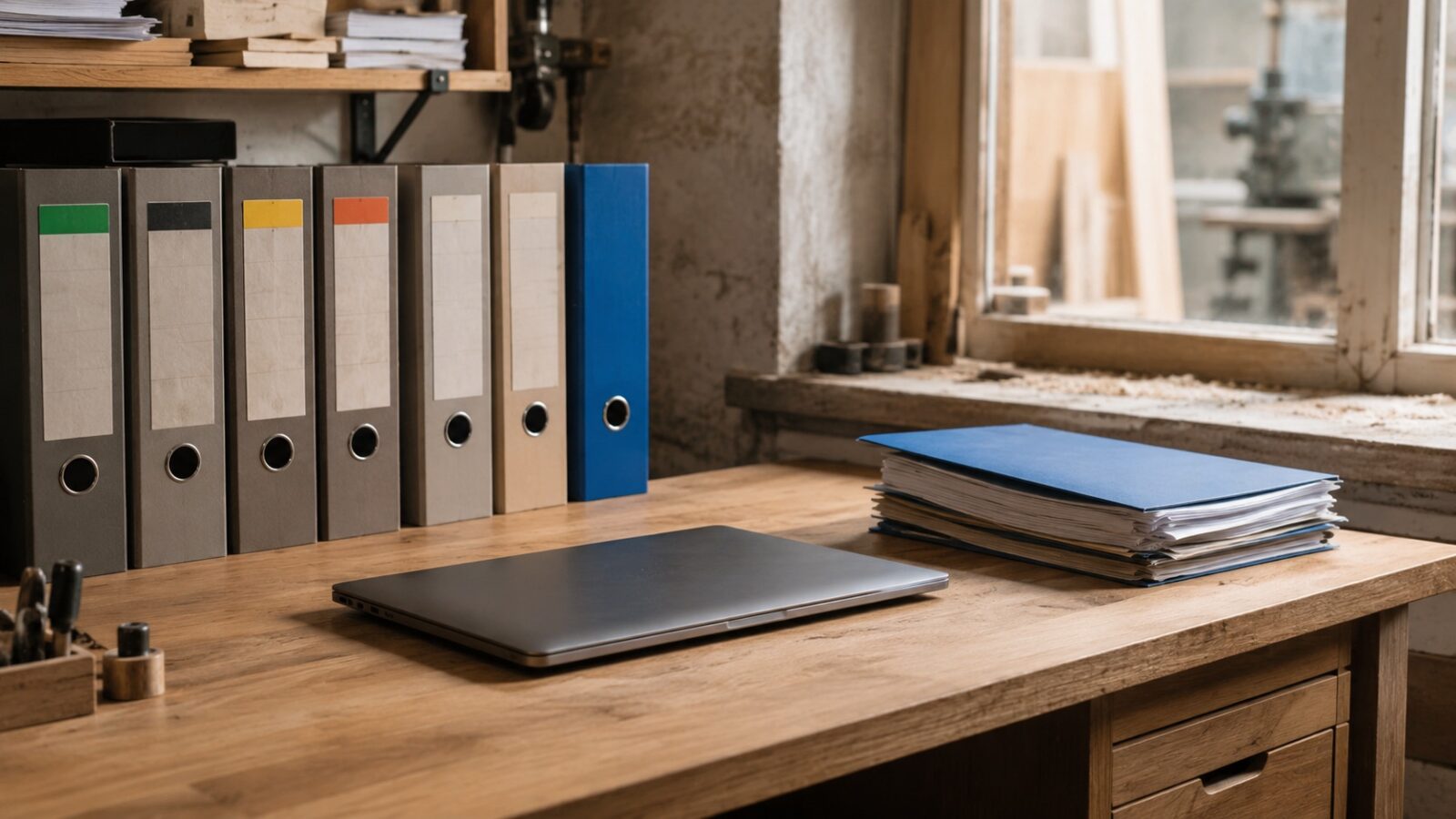 Büro eines Handwerksbetriebs mit Aktenordnern und Laptop