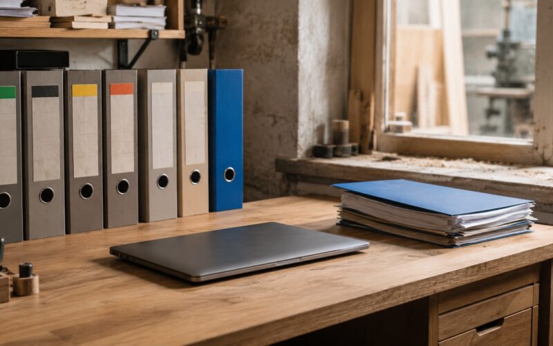 Büro eines Handwerksbetriebs mit Aktenordnern und Laptop