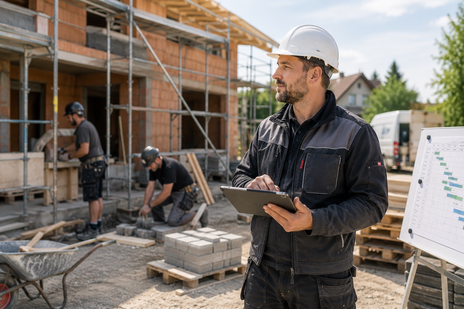 Bauleiter mit Helm und Tablet auf einer Baustelle, im Hintergrund mauern zwei Kollegen; rechts steht ein Balkenplan auf einer Tafel