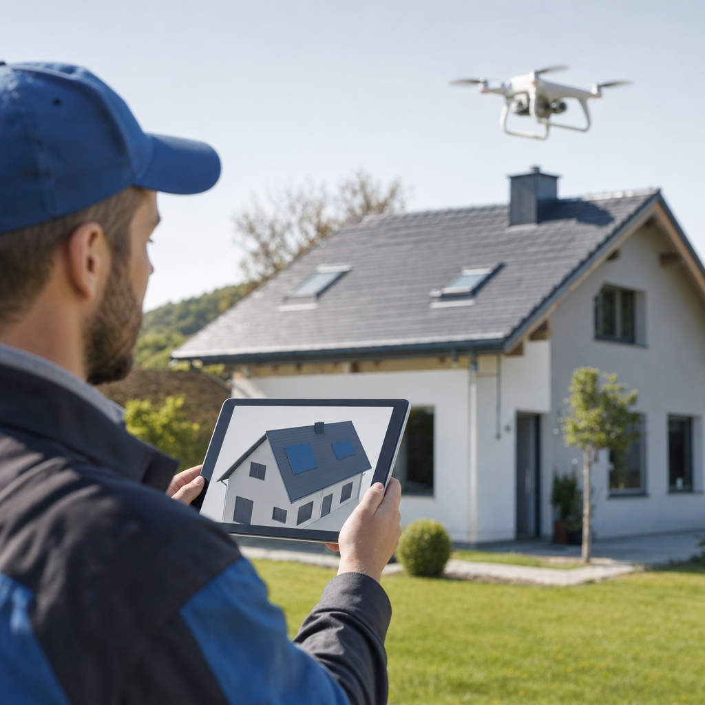 Handwerker mit Tablet vor einem Einfamilienhaus, darüber fliegt eine Drohne