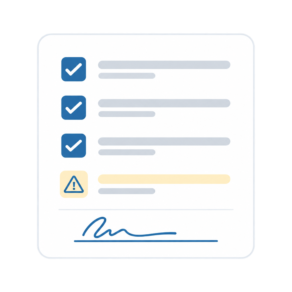 Checkliste mit Mangel und Kundenunterschrift