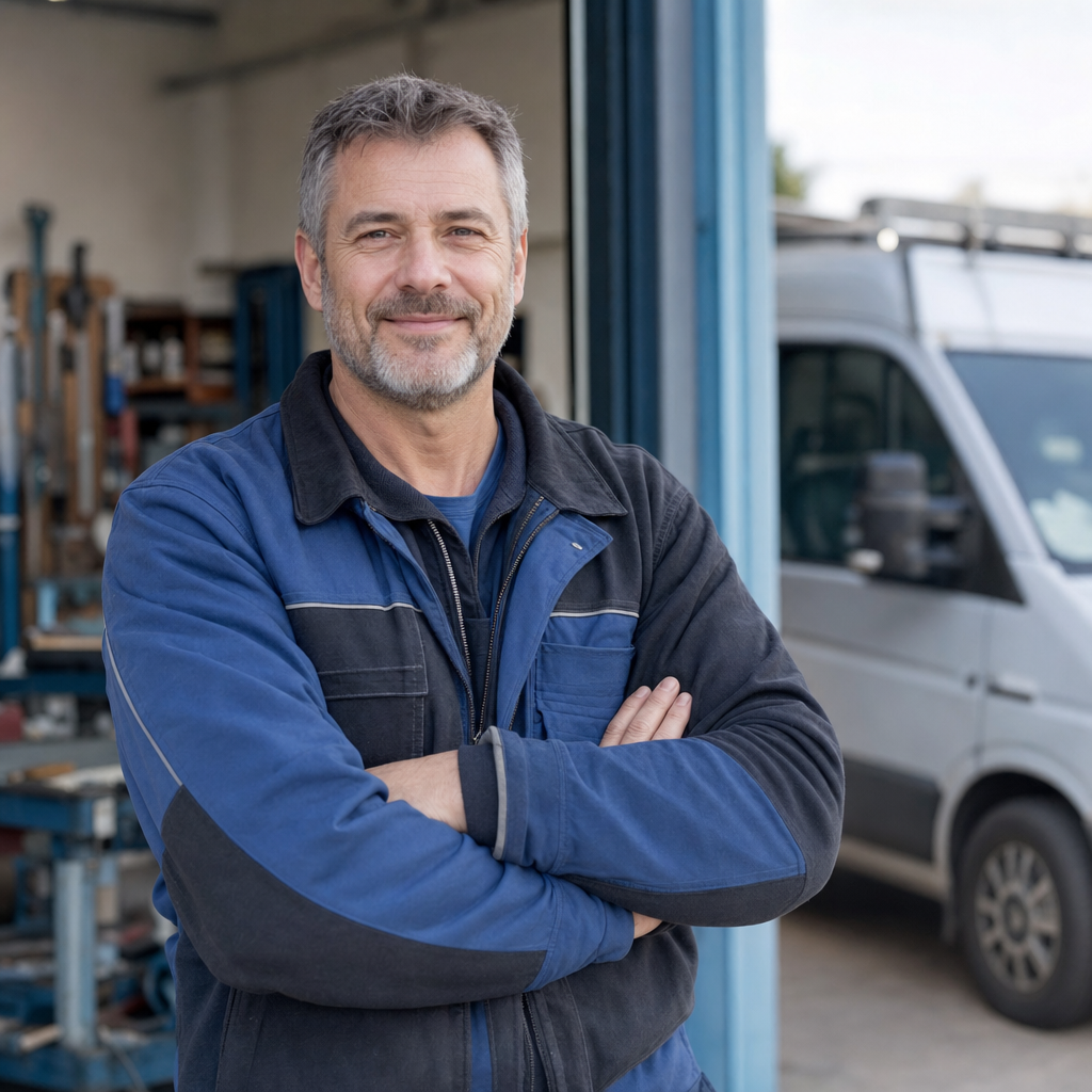 Handwerker steht mit verschränkten Armen vor einer Werkstatt, daneben ein Transporter
