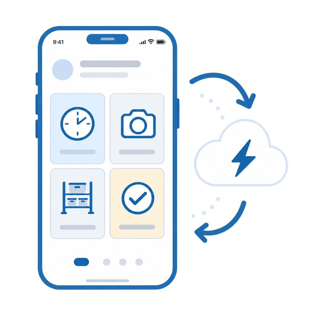 Schaubild: Eine App gleicht Zeiten, Fotos, Lager und Freigaben mit der Cloud ab