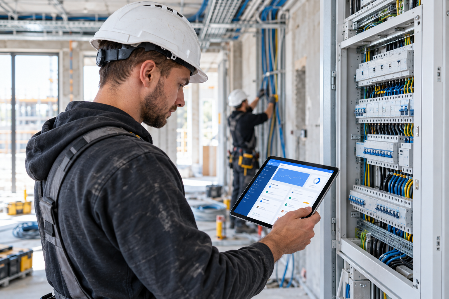 Elektriker bei der Schaltschrankprüfung mit WOODPLAN Handwerkersoftware